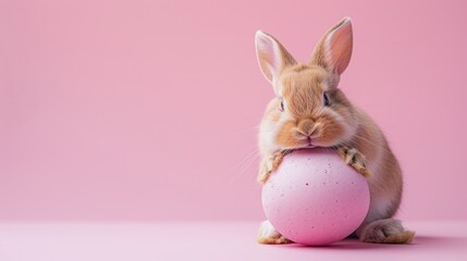 A fluffy bunny rabbit holds a pastel pink egg, creating a delightful Easter scene.