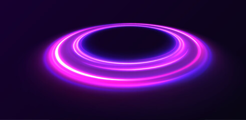 Neon lights and circles move quickly against a dark background. Curve light effect of blue line. Luminous blue circle.	