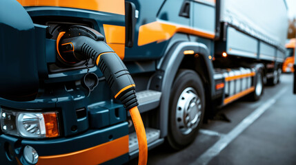 Fototapeta premium Close-up of an electric truck being charged at a charging station with an orange cable connected to the vehicle.
