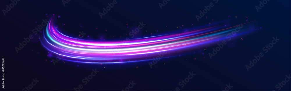 Wall mural dynamic composition of bright lines forming lights track of speed movement, futuristic dark backgrou