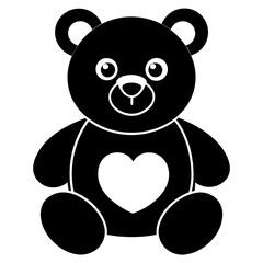 Cute black teddy bear with heart vector silhouette  on white background