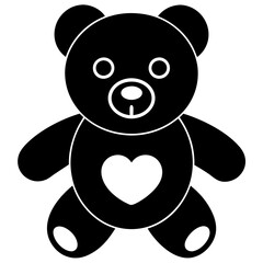Cute black teddy bear with heart vector silhouette  on white background