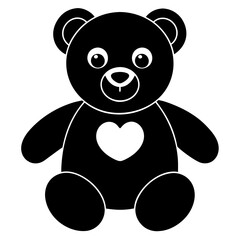 Cute black teddy bear with heart vector silhouette  on white background