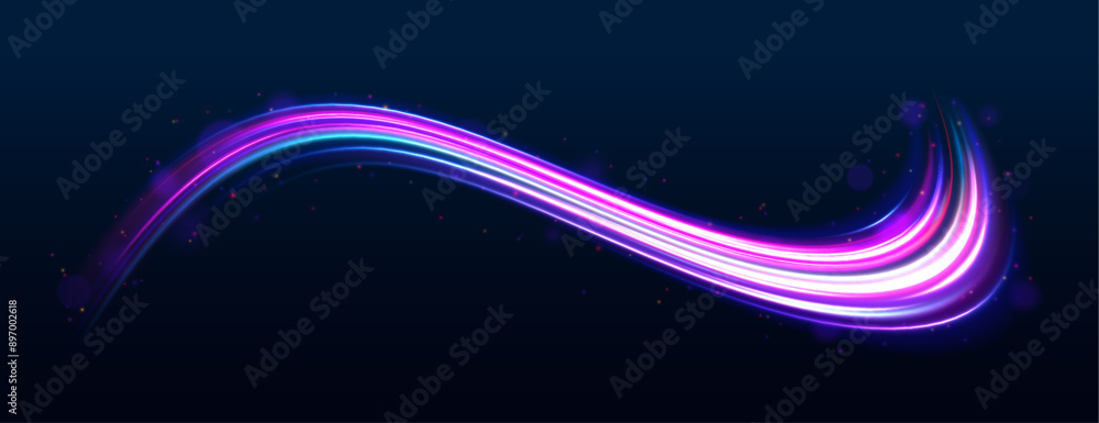 Wall mural dynamic composition of bright lines forming lights track of speed movement, futuristic dark backgrou