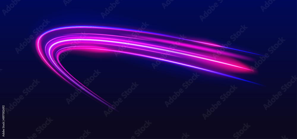 Fototapete dynamic composition of bright lines forming lights track of speed movement, futuristic dark backgrou