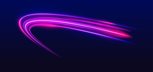 Dynamic composition of bright lines forming lights track of speed movement, futuristic dark background with neon glow, graphic design element. 