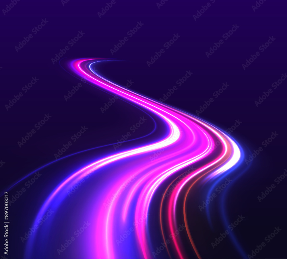Aufkleber light trails on road at night. luminous bright background. 3d render, abstract futuristic neon backg