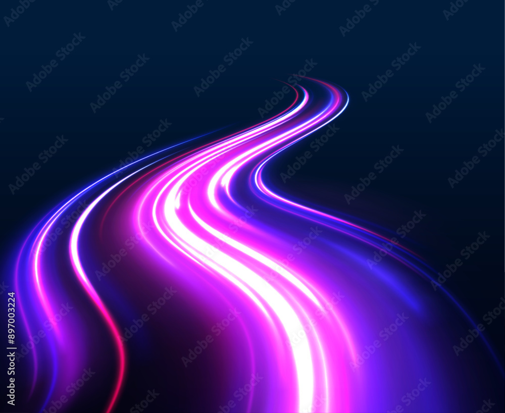 Aufkleber light trails on road at night. luminous bright background. 3d render, abstract futuristic neon backg