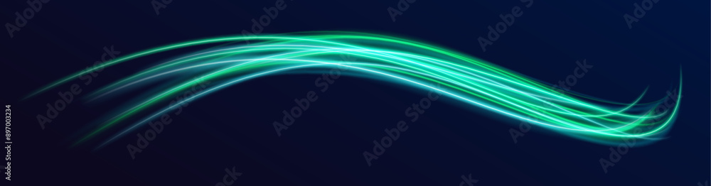 Poster Green laser beams glowing abstract sparkling isolated on transparent background. Dynamic composition of bright lines forming lights track of speed movement. 