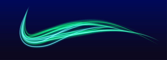 Green laser beams glowing abstract sparkling isolated on transparent background. Dynamic composition of bright lines forming lights track of speed movement. 