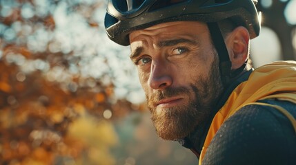 Bearded man on bicycle, looking contemplative in fall scenery.
