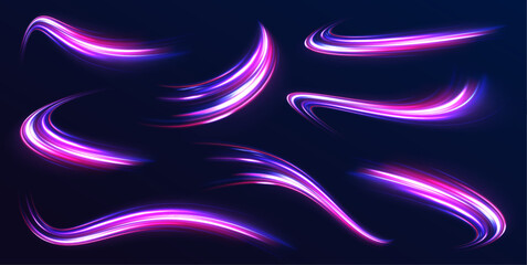 Long exposure of motorways as speed. Beautiful glow light flare and spark. Neon spiral lines in yellow blue and purple colors.