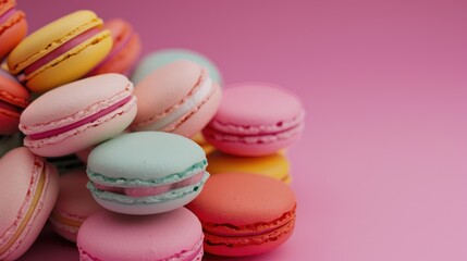 Obraz premium A delightful assortment of macarons with vibrant colors, arranged artistically on a pink surface.