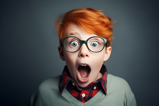 Surprised red-haired boy with open mouth looks up white t-shirt cropped view
