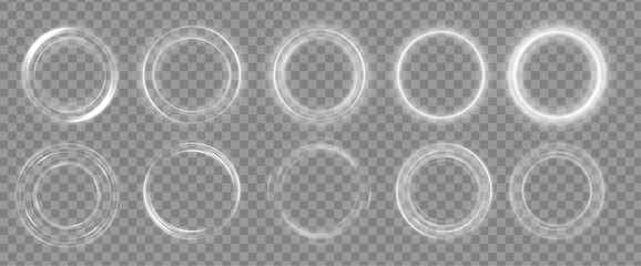 White shiny sparks of spiral wave. Sun flash with rays and spotlight. Shine round frame with light circles light effect. Star burst with sparkles. 