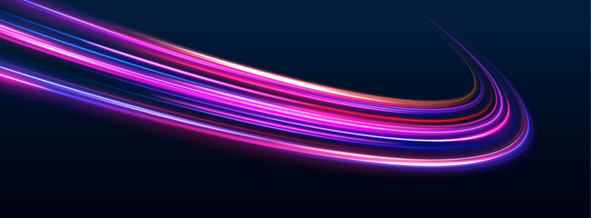 Neon color glowing lines background, high-speed light trails effect. Futuristic dynamic motion technology.	