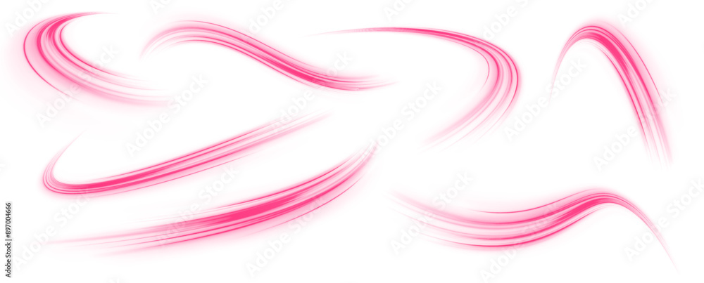Poster set of neon speed lines on transparent background png. purple glowing wave swirl, impulse cable line