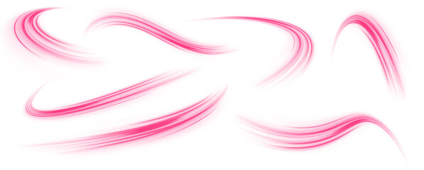 Set of neon speed lines on transparent background PNG. Purple glowing wave swirl, impulse cable lines.	