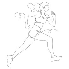 Young girl with tied hair running, full length in profile. Continuous line vector illustration on white background. Sports education concept