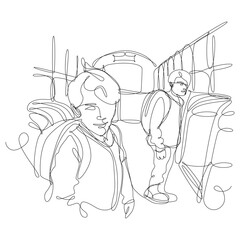 Two students with backpacks behind them, standing on the bus to go to school. Continuous line vector illustration on white background. Education concept.