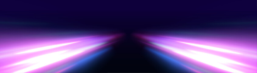 Abstract image of speed motion on the road. Vector glitter light fire flare trace. Dark blue abstract background with ultraviolet neon glow, blurry light lines, waves	