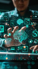 Fototapeta premium Innovative Business Trends 2025: Businessman Interacting with Digital AI Icons. Futuristic Technological Solutions and Advancements Visualized Through Artificial Intelligence Representations. 4K AI-Ge