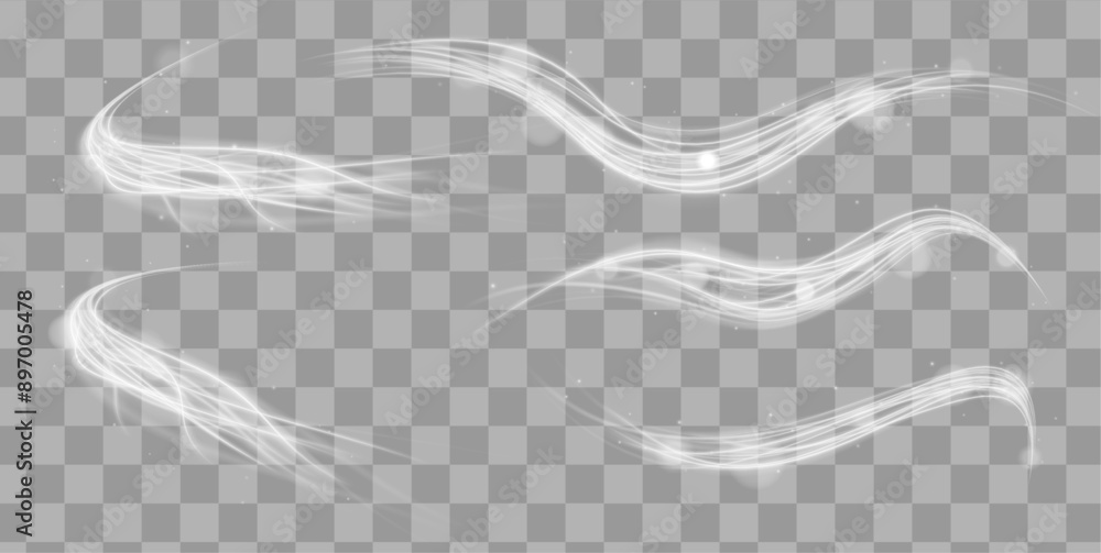 Poster Set of white light bright lines in the form of a covenant. White blur trail wave,wavy silver line of light speed. 