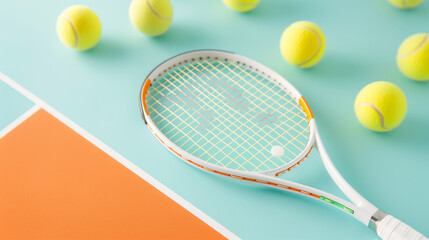 Tennis balls and racket on colorful course