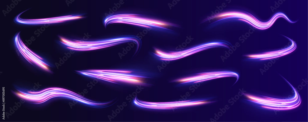 Poster Light and stripes moving fast over dark background. Neon swirls in a big set. Laser beams luminous abstract sparkling isolated on a transparent background.
