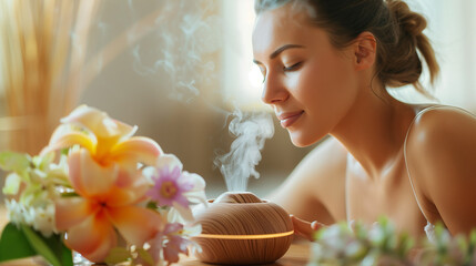 A calming image of a woman enjoying aromatherapy, inhaling soothing steam from a diffuser, surrounded by colorful flowers, with a soft background light.