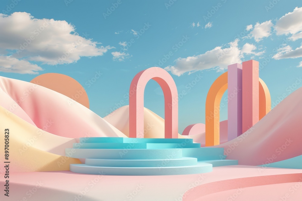 Poster the image showcases colorful arches in a pastel-colored desert with gently curving dunes and a set o