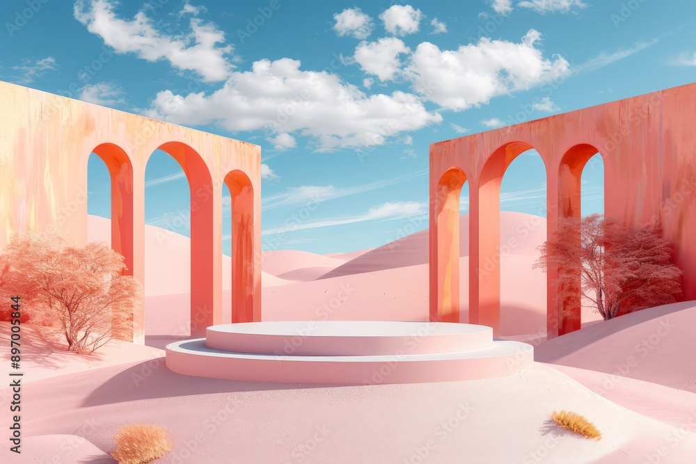 Poster This image displays a pink-themed desert with two large arches and a round platform in the center. The scene combines elements of nature and architecture in a harmonious balance.