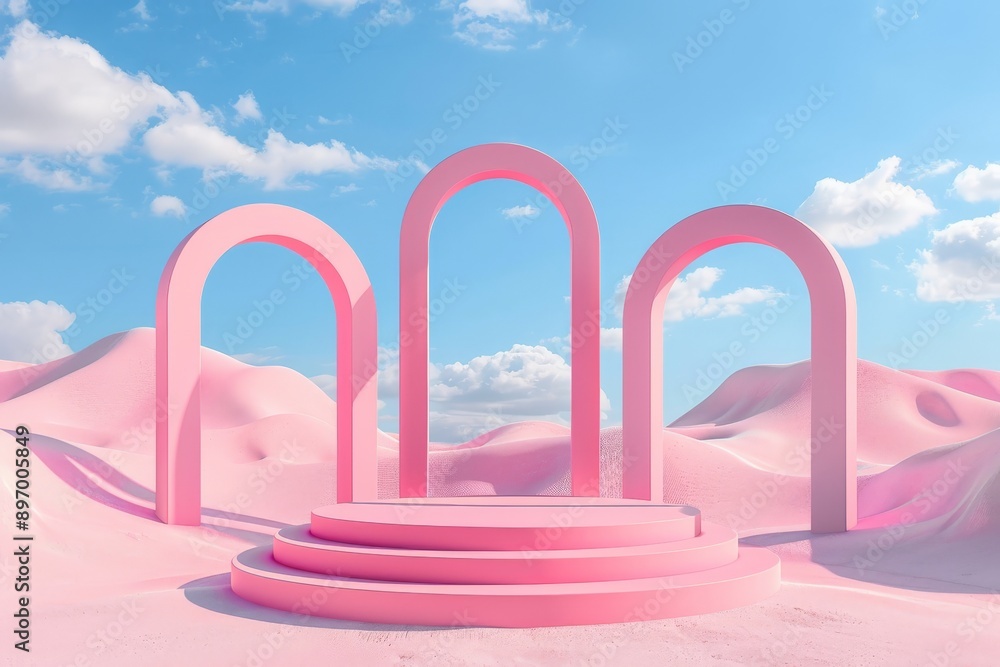 Poster a dreamy landscape with pink arches ascending in a pastel desert. the gentle curves and layers of th