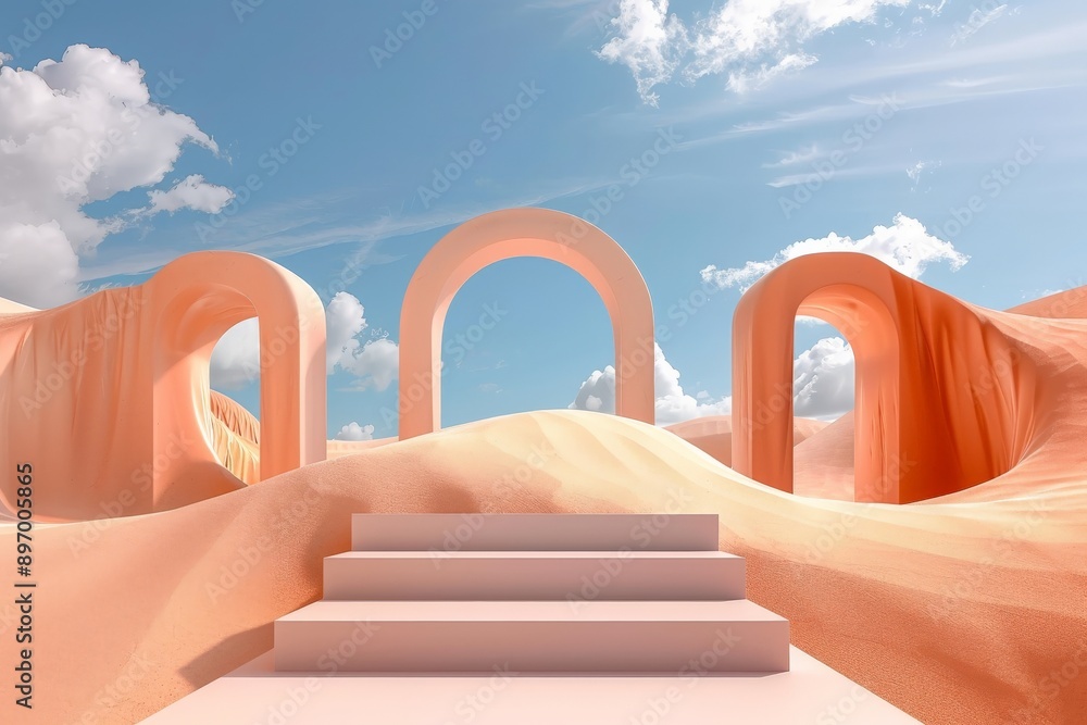 Aufkleber a dreamy desert landscape with peach-colored arches and tiered steps leading up to them, set against