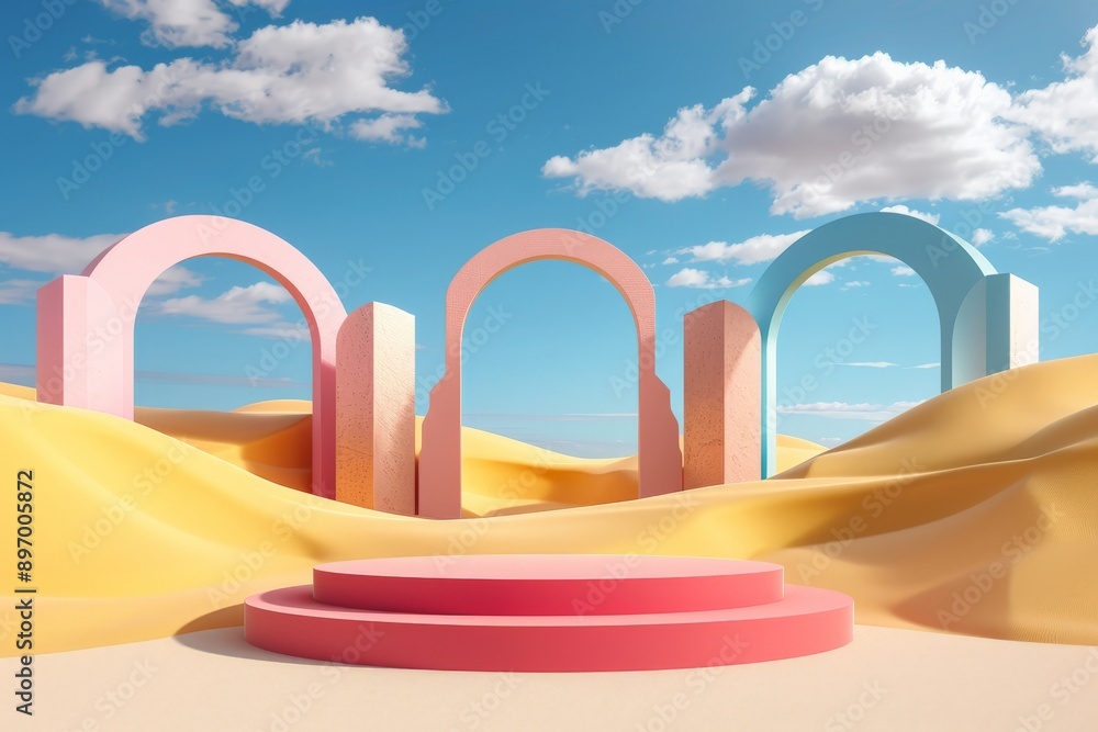 Poster A surreal desert scene featuring three colorful arches with a pink platform in the foreground and a bright blue sky with scattered clouds in the background.