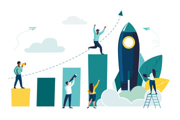 Vector illustration. People run to their business goal on columns, move up motivation, path to goal, rocket up. The concept of business motivation and ambition, success.Europeans and African Americans