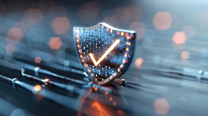A digital shield with a dynamic checkmark safeguarding a computer network.