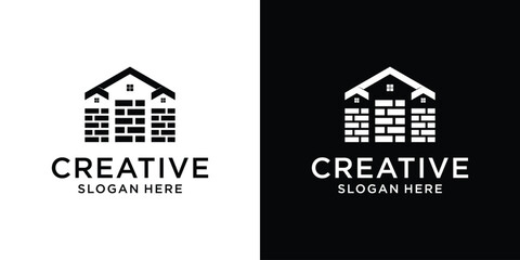 Luxury real estate with roof and brick wall logo design template abstract