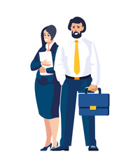 Business. Business people, employees, couple, CFO. European businesswoman and businessman with a briefcase. Creative team business concept, office workers. Poster flat style banner.Vector illustration