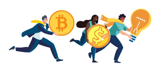 People are ethnic, Europeans running with ideas, money and creative puzzle solving. A fast working team of partners. Partner running is a fast way to success and a successful goal. Vector illustration