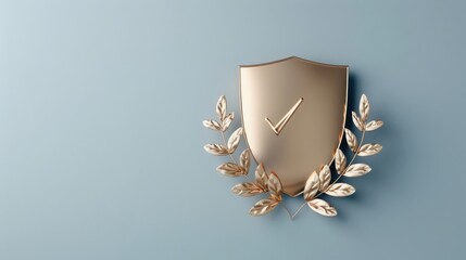 A golden shield with a laurel wreath and a checkmark, symbolizing achievement and protection.