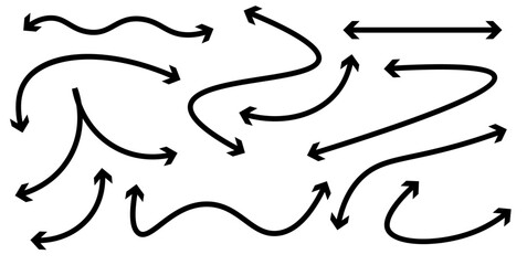 Large set of black arrows. Marker line divider, handmade pencil strokes brush and drawing dividers. Cartoon pictures set of different arrows. Doodled hand drawn. Vector illustration, EPS 10.