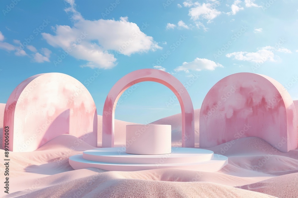 Poster an evocative image of a rounded pink arch and podium situated in a surreal pink desert landscape und