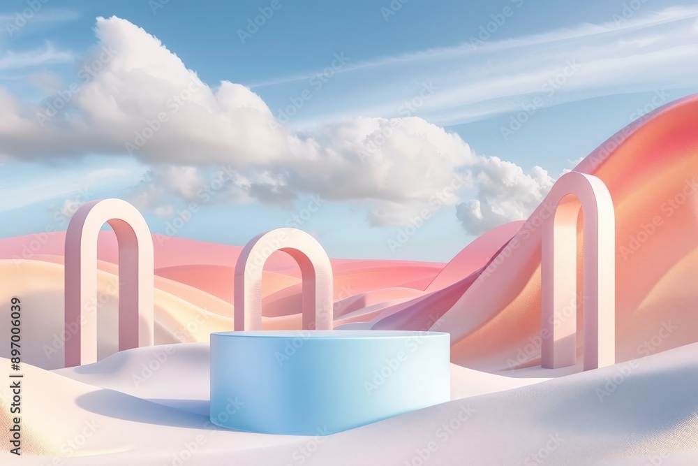 Poster a dreamlike scene featuring three delicate arches set in a pastel desert landscape under a serene bl