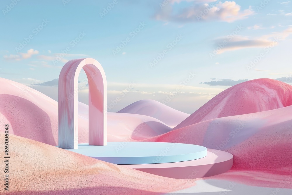 Poster a surrealist artwork portraying a single arched structure in a pastel-hued desert landscape under a 