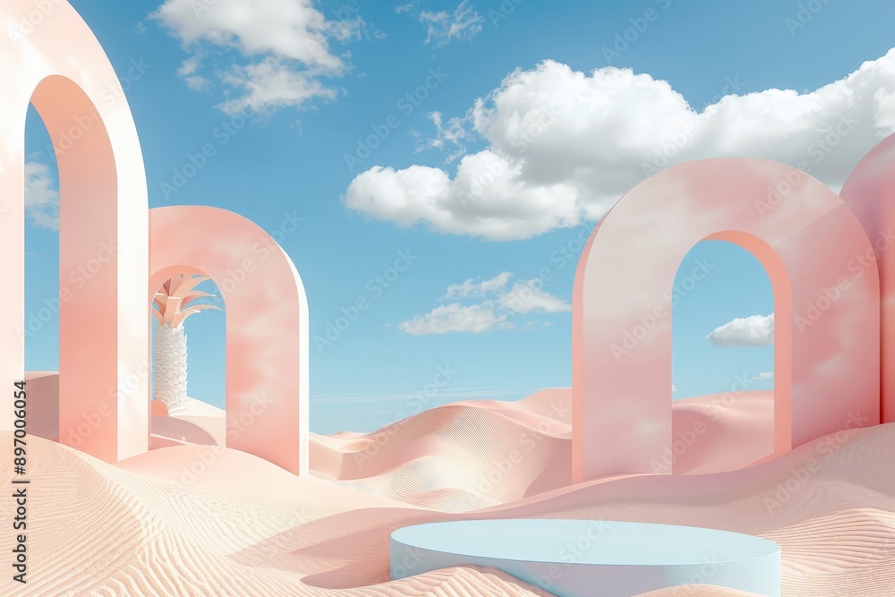 Poster a serene desert scene featuring three abstract pastel arches against a bright blue sky, combining tr