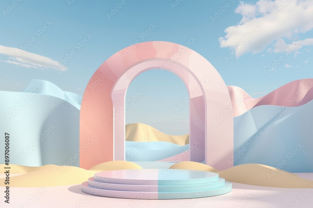 Aufkleber This image showcases an abstract pastel landscape featuring large arch structures and a podium, creating a serene and dreamy atmosphere under a bright sky.