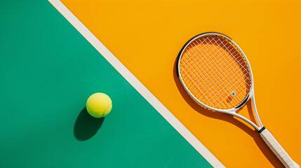 Tennis racket and ball on a colorful court