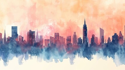 A watercolor skyline of a city at dusk, with just a few colors and simple shapes,