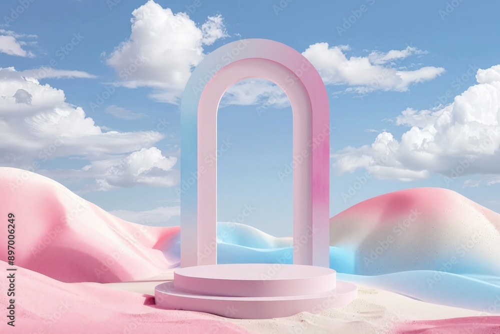 Poster image with a single pink arch on a round platform, positioned in a fantasy desert setting with pink,